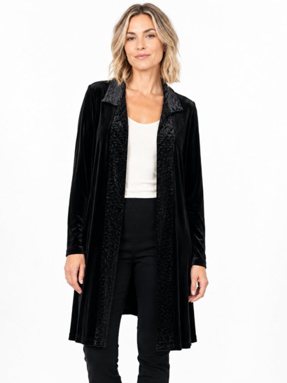 Picadilly Black Velvet Long Open Cardigan Jacquard Collar Size M